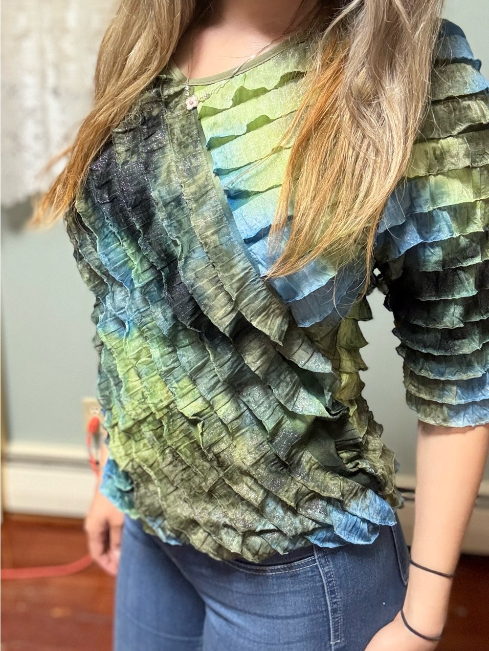 Notations Ruffled Layered Green and Blue Women's Top